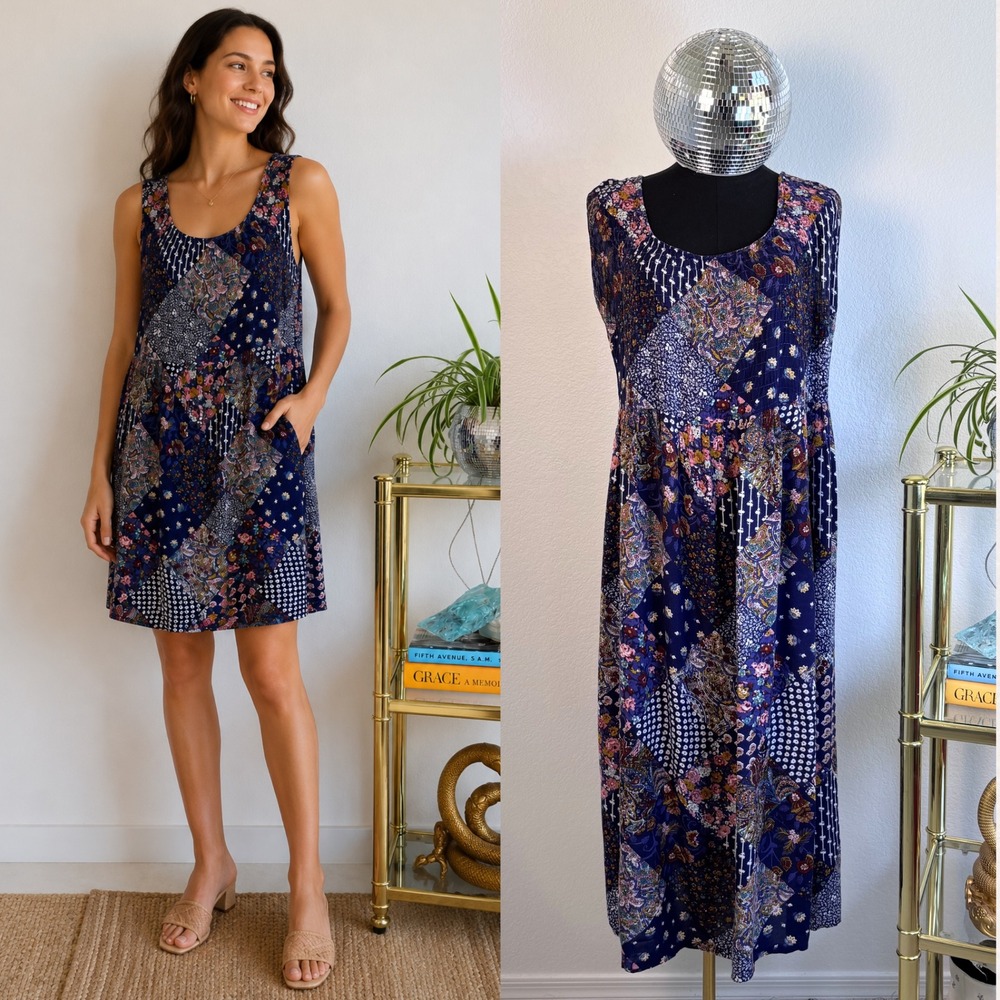 Vintage 90s Fiber Optics   Patchwork Floral Dress, Medium cottagecore